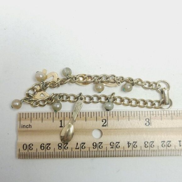 Vintage Gold Tone Charm Bracelet, 2 4 Spoons and Faux Pearls, Retro Estate - Picture 2 of 6